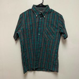 Art Gallery Clothing Men's Short Sleeve Button Plaid Green Red Blue LARGE Molly